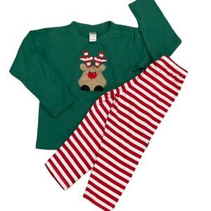 Monag Green long sleeve tee with appliqué Rudolph and Candy Cane Leggings